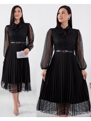 Janes Kadın Denim Kumaş Dantel Detay Pileseli Elbise