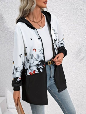 Janes Kadın Uzun Kollu Kapşonlu Fermuarlı Çiçek-Kelebek Desenli Şardonlu Dalgıç Ceket