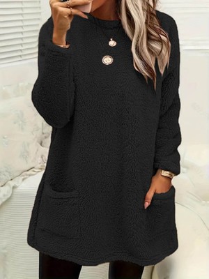 Janes Kadın Uzun Kollu Yuvarlak Yakalı Cepli Peluş Bluz