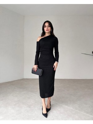 Janes Kadın Uzun Kollu Omuz Dekolteli Içi Astarli Midi Boy Tül Elbise