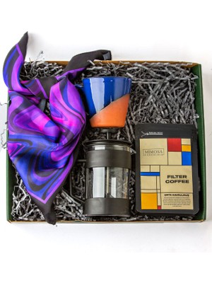 Mor Desenli Fular - Sırlı Toprak Kahve-Çay Fincanı - French Press 350 ml - Mimosa Filtre Kahve 50 gr Hediye Seti