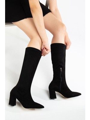 Sezar Kadın Siyah Süet Kalın Topuklu Fermuarlı Çizme