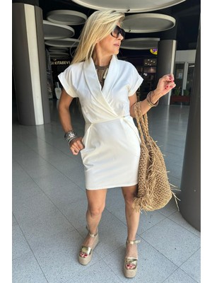 Butik Exvoto EXP24 Likra Beyaz Elbise Gömlek Yakalı