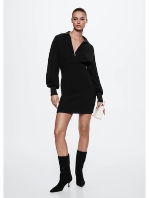 Fermuarlı Dik Yaka Mini Triko Elbise