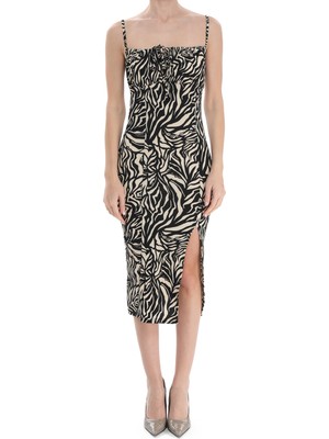 Fire Leopar Desen Askılı Önden Bağlamalı Midi Boy Yırtmaçlı Elbise