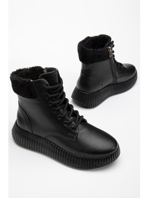 Dilimler Ayakkabı Kadın Bot Siyah Kalın Taban Boğaz Kürklü Bağcıklı