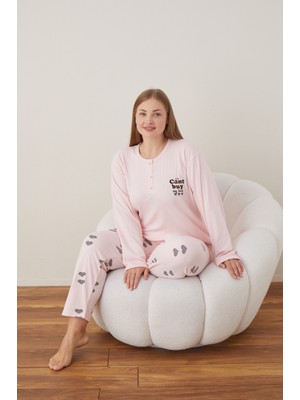 Eyfuze kadın Büyük Beden Desenli Yakası Düğmeli Uzun Kollu Kışlık Pijama Takımı