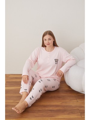 Eyfuze kadın Büyük Beden Desenli Yakası Düğmeli Uzun Kollu Kışlık Pijama Takımı