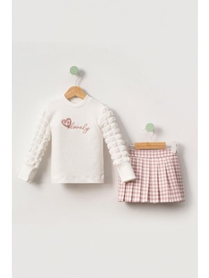 Miniğimin Cicileri Lovely Nakışlı Bluz ve Ekoseli Pileli Etek Kız Çocuk Takımı - Pembe