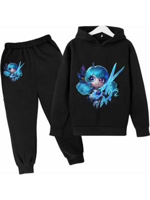 Kids Face Özel Tasarım Kapüşonlu Mavi Saçlı Kız Baskılı Şardonlu Kışlık Şık Kız Çocuk Eşofman Takımı