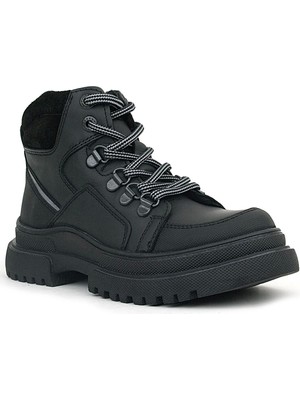 Rakerplus Hakiki Deri Siyah Cilt Fermuarlı Bağcıklı Çocuk Bot