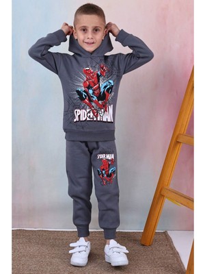 Yağmur Giyim Pjk3i Örümcek Adam Desenli Füme 3 Ip Şardonlu Kapşonlu  Pamuk Erkek Çocuk Eşofman Takımı 3-10 Yaş 7396-F