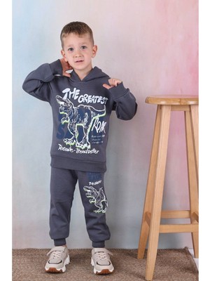 Yağmur Giyim Pjk3i Dinozor Desenli Füme 3 Ip Şardonlu Kapşonlu  Pamuk Erkek Çocuk Eşofman Takımı 3-10 Yaş 7338-F