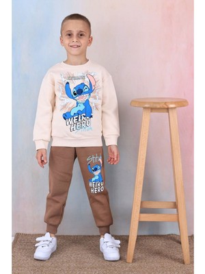 Yağmur Giyim Pjk3i Hero Stitch Desenli Kahverengi 3 Ip Şardonlu  Pamuk Erkek Çocuk Eşofman Takımı 3-10 Yaş 7361-K