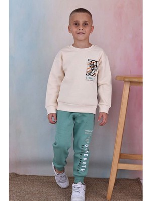 Yağmur Giyim Pjk3i Arslan Desenli Yeşil 3 Ip Şardonlu  Pamuk Erkek Çocuk Eşofman Takımı 3-10 Yaş 7340-Y