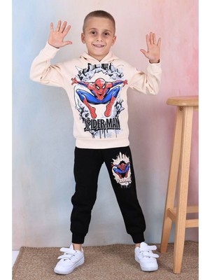 Yağmur Giyim Pjk3i Örümcek Adam Desenli Siyah 3 Ip Şardonlu  Pamuk Erkek Çocuk Eşofman Takımı 3-10 Yaş 7359-S