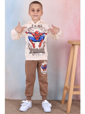 Yağmur Giyim Pjk3i Örümcek Adam Desenli Kahverengi 3 Ip Şardonlu  Pamuk Erkek Çocuk Eşofman Takımı 3-10 Yaş 7359-K