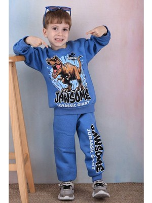 Yağmur Giyim Pjk3i Dinazor Desenli Mavi 3 Ip Şardonlu  Pamuk Erkek Çocuk Eşofman Takımı 3-10 Yaş 7357-M