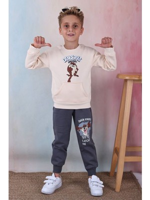 Yağmur Giyim Pjk3i Tazmanya Canavarı Desenli Füme Kanguru Cepli 3 Ip Şardonlu  Pamuk Erkek Çocuk Eşofman Takımı 3-10 Yaş 7342-F