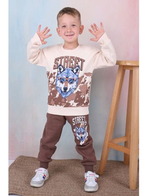 Yağmur Giyim Pjk3i Kurt Desenli Kahverengi 3 Ip Şardonlu  Pamuk Erkek Çocuk Eşofman Takımı 3-10 Yaş 7343-K