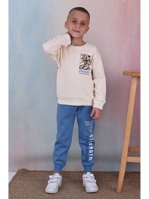 Yağmur Giyim Pjk3i Arslan Desenli Mavi 3 Ip Şardonlu  Pamuk Erkek Çocuk Eşofman Takımı 3-10 Yaş 7340-M