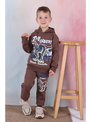 Yağmur Giyim Pjk3i Dinozor Desenli Kahverengi 3 Ip Şardonlu Kapşonlu  Pamuk Erkek Çocuk Eşofman Takımı 3-10 Yaş 7338-K