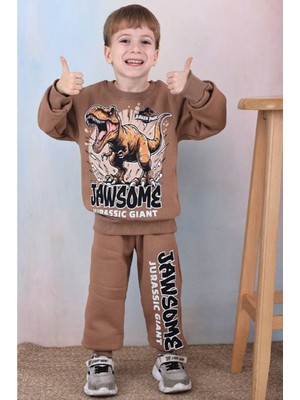 Yağmur Giyim Pjk3i Dinazor Desenli Kahverengi 3 Ip Şardonlu  Pamuk Erkek Çocuk Eşofman Takımı 3-10 Yaş 7357-K