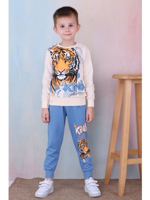 Yağmur Giyim Pjk2i Tiger Desenli Mavi 2 Ip  Pamuk Erkek Çocuk Eşofman Takımı 3-10 Yaş 7252-M