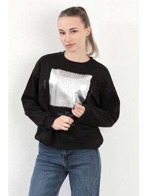 Kadın Bisiklet Yaka Varak Baskılı Pamuklu Sweatshirt Siyah - 2579