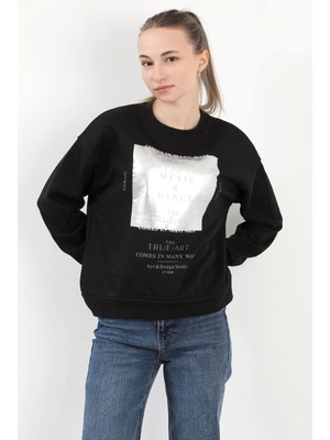 Kadın Bisiklet Yaka Varak Baskılı Pamuklu Sweatshirt Siyah - 2579