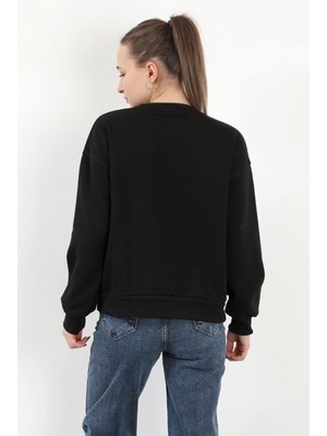 Kadın Bisiklet Yaka Varak Baskılı Pamuklu Sweatshirt Siyah - 2579