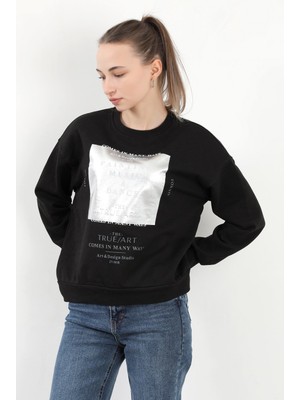 Kadın Bisiklet Yaka Varak Baskılı Pamuklu Sweatshirt Siyah - 2579