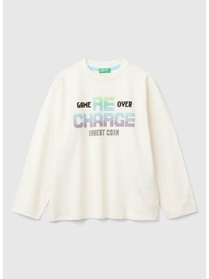 Benetton Baskılı Ekru Erkek Çocuk T-Shirt 3EG9C10M6 0r2