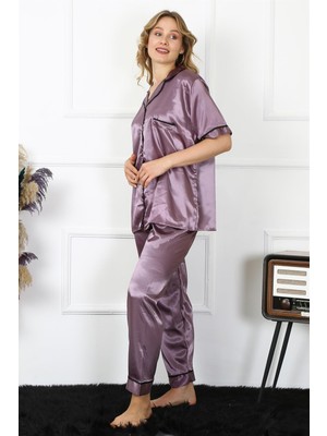 Monolya Kadın Büyük Beden Mor Saten Pijama Takımı 10303