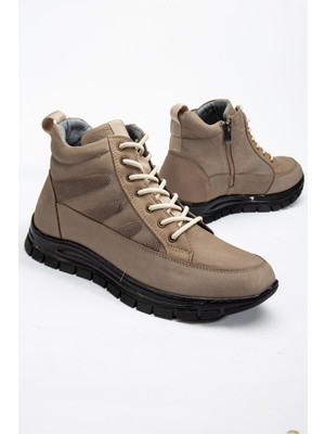 Hakiki Deri Nubuk Erkek Bot Bej Elastik Bağcıklı Yan Baskılı