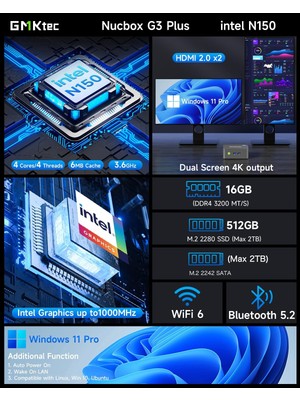 Gmktec G3 Plus Intel N150, 16GB Ddr4 512GB M.2 SSD Windows 11 Pro Mini Masaüstü Bilgisayar