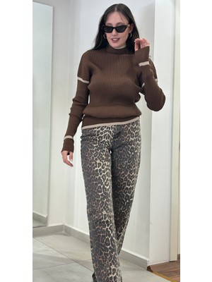 Yüksek Bel , Leopar Desenli Bol Paça Kot Pantolon