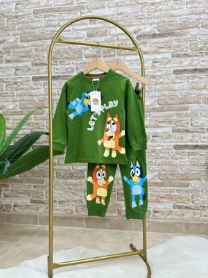 Magu Yeşil Bluey Desenli Pamuklu Sweatshirt Eşofman Alt-Üst Pijama Takımı