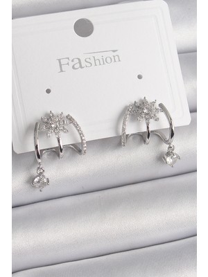 Stillove Pirinç Gümüş Renk Zirkon Taşlı Çiçek Figür Sallantı Detay Kadın Küpe