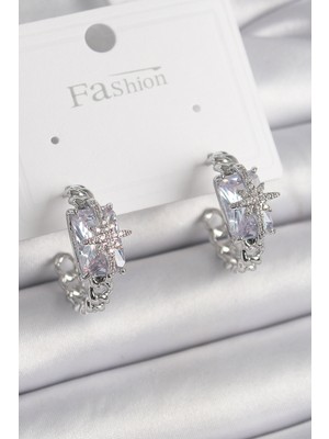 Ezo Concept Pirinç Gümüş Renk Zirkon Taşlı Kutup Yıldız İşleme Detay Kadın Küpe