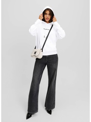 Karl Lagerfeld Kapüşon Yaka Baskılı Beyaz Kadın Sweatshırt 246J1802