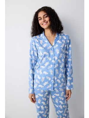 Penti Winter Bear Mavi Gömlek Pantolon Pijama Takımı