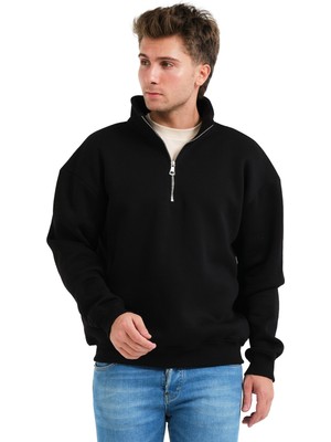 Justever Regular Fit Dik Yaka Yarı Fermuarlı Şardonlu Siyah Erkek Sweatshirt - Prime