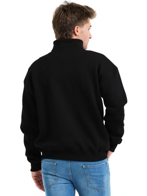 Justever Regular Fit Dik Yaka Yarı Fermuarlı Şardonlu Siyah Erkek Sweatshirt - Prime