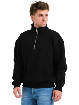 Justever Regular Fit Dik Yaka Yarı Fermuarlı Şardonlu Siyah Erkek Sweatshirt - Prime