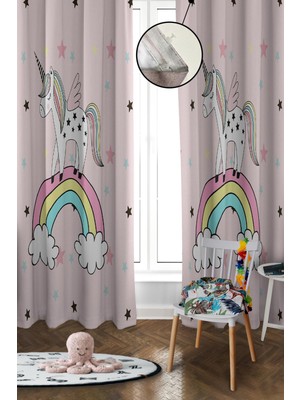 Doruklar Home Collection Dijital Baskı Yıkanabilir Unicorn Desenli 2 Kanat Bebek ve Çocuk Odası Fon Perdesi