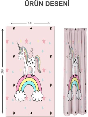 Doruklar Home Collection Dijital Baskı Yıkanabilir Unicorn Desenli 2 Kanat Bebek ve Çocuk Odası Fon Perdesi