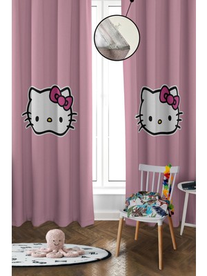 Doruklar Home Collection Dijital Baskı Yıkanabilir Hello Kitty Desenli 2 Kanat Bebek ve Çocuk Odası Fon Perdesi