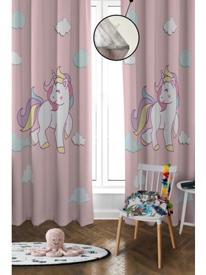 Doruklar Home Collection Dijital Baskı Yıkanabilir Unicorn Desenli 2 Kanat Bebek ve Çocuk Odası Fon Perdesi