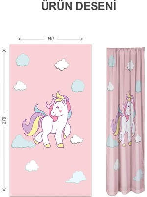 Doruklar Home Collection Dijital Baskı Yıkanabilir Unicorn Desenli 2 Kanat Bebek ve Çocuk Odası Fon Perdesi